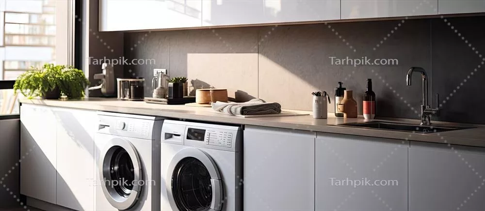 عکس آشپزخانه ای مدرن با کابینت های سفید و سینک درخشان در نور خورشید