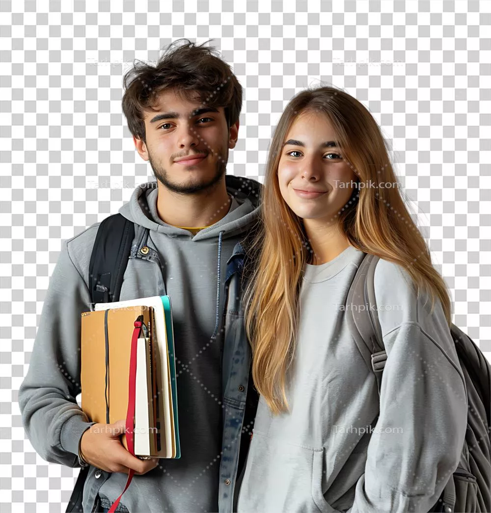 عکس دوربری زوج جوان با لپ تاپ و کتاب های درسی در پس زمینه شفاف