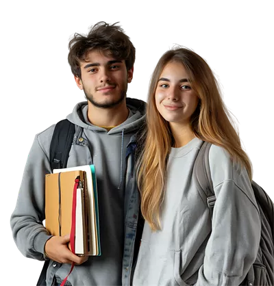 عکس دوربری زوج جوان با لپ تاپ و کتاب های درسی در پس زمینه شفاف