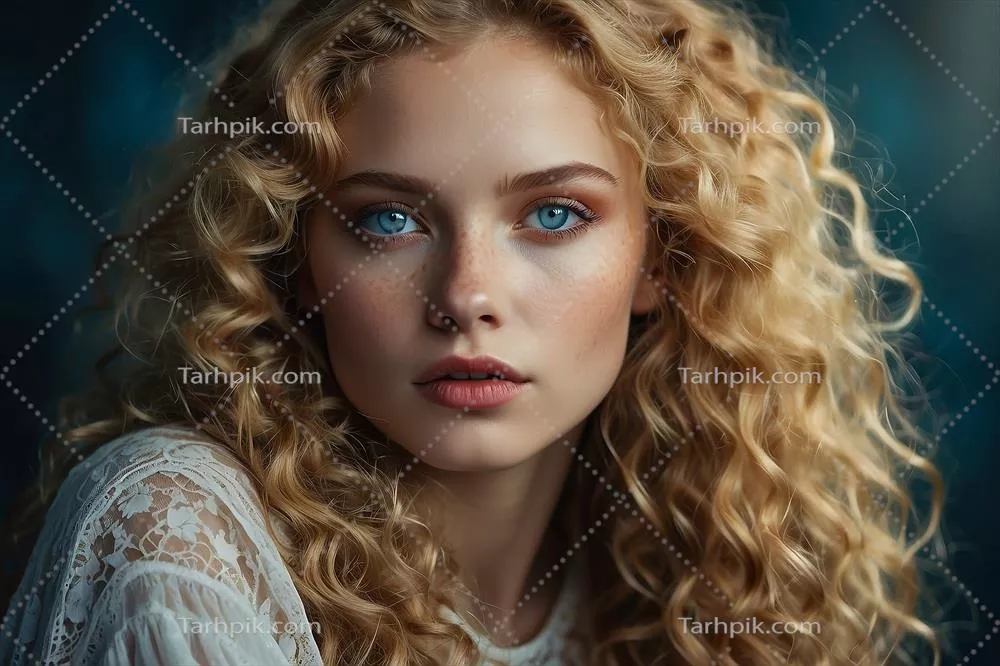 عکس پرتره ای خیره کننده از یک مدل دختر با چشمان آبی درخشان و موهای طلایی زیبا
