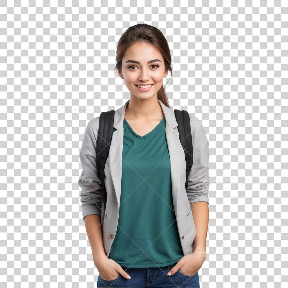 عکس دوربری پرتره ای از یک دانشجوی زن دانشگاه با پس زمینه شفاف و زیبا