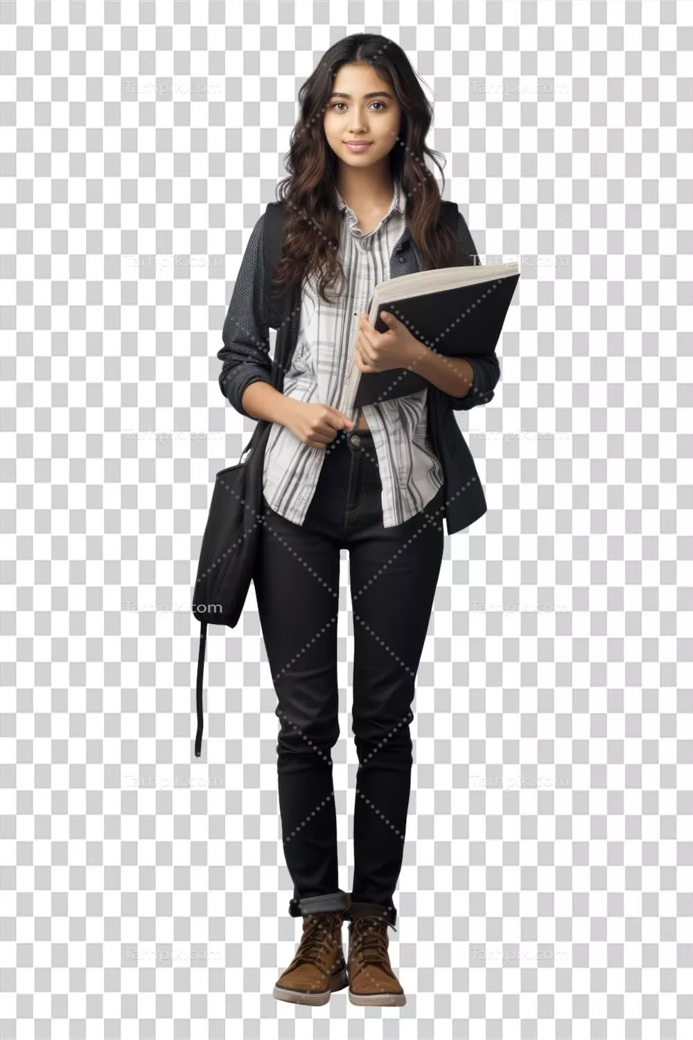عکس دوربری پرتره ای از یک دانشجوی جوان خوشحال با کتاب و کوله پشتی در دانشگاه