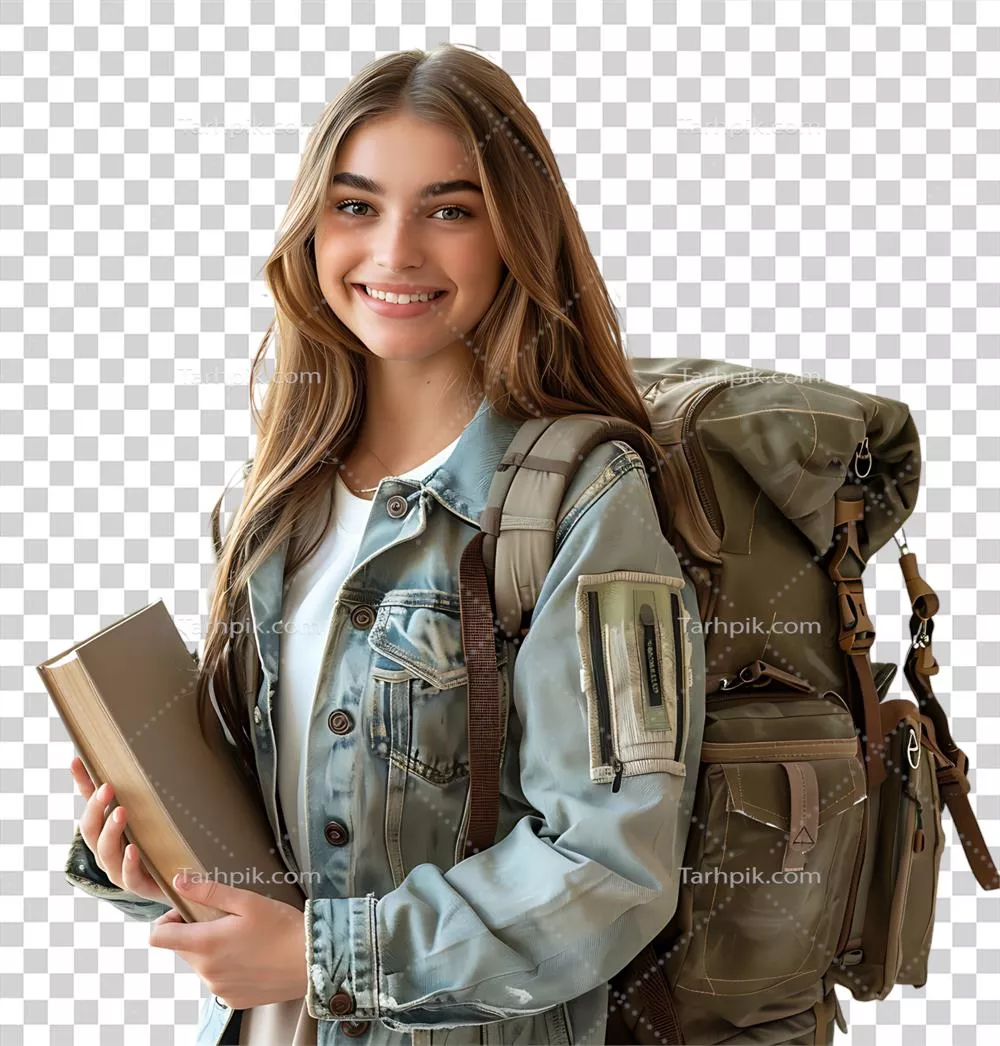 عکس دوربری دانش آموز دختر نوجوان با کوله پشتی و کتاب ها در پس زمینه شفاف