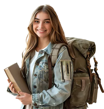 عکس دوربری دانش آموز دختر نوجوان با کوله پشتی و کتاب ها در پس زمینه شفاف