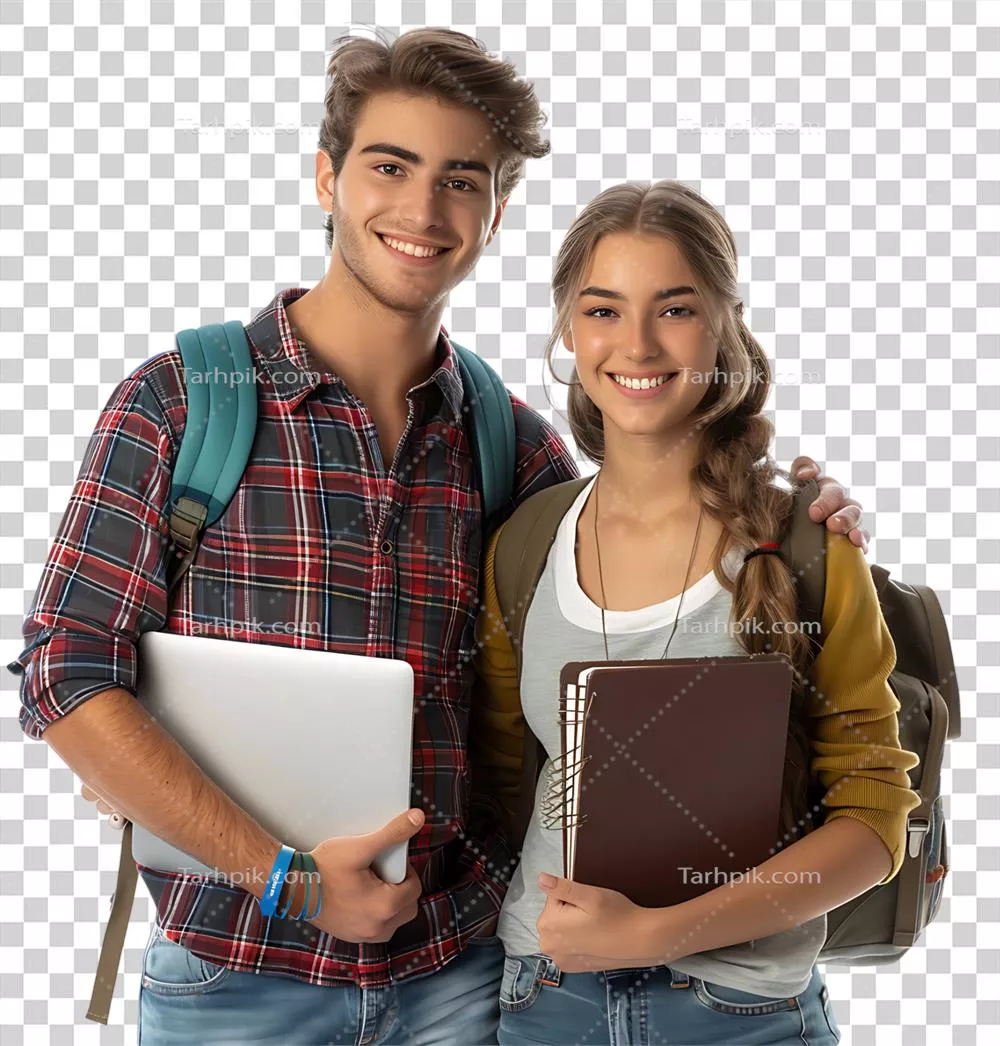 عکس دوربری زوج جوان با لپ تاپ و کتاب های درسی در پس زمینه شفاف