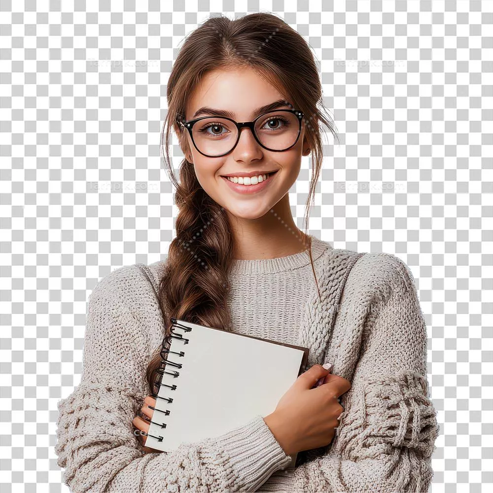 عکس دوربری دختری شاد با موهای بافته و عینک، دفترچه ای خالی را در آغوش دارد