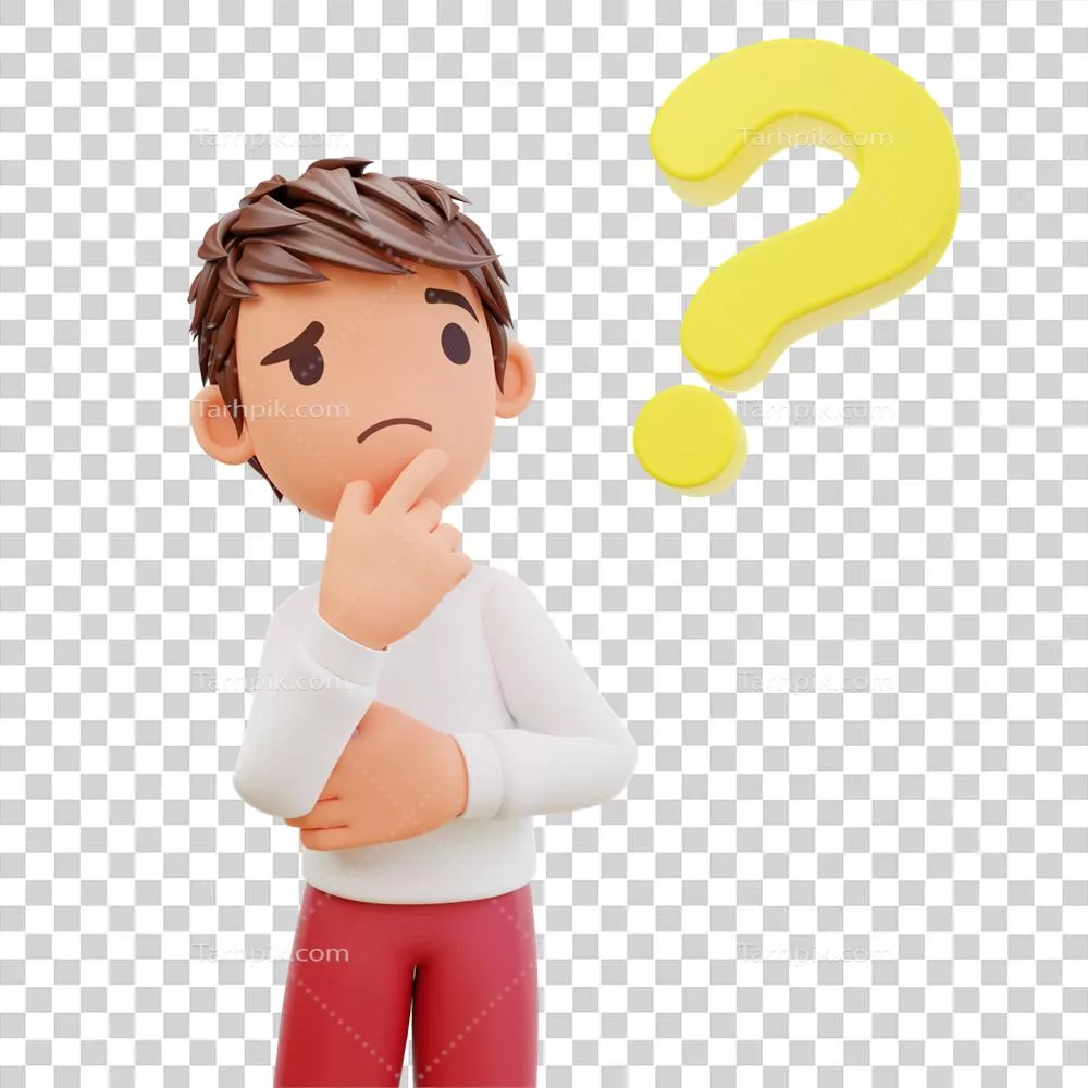 عکس دوربری مدل سه بعدی دانش آموزی با علامت سوال در حال تفکر و جستجو