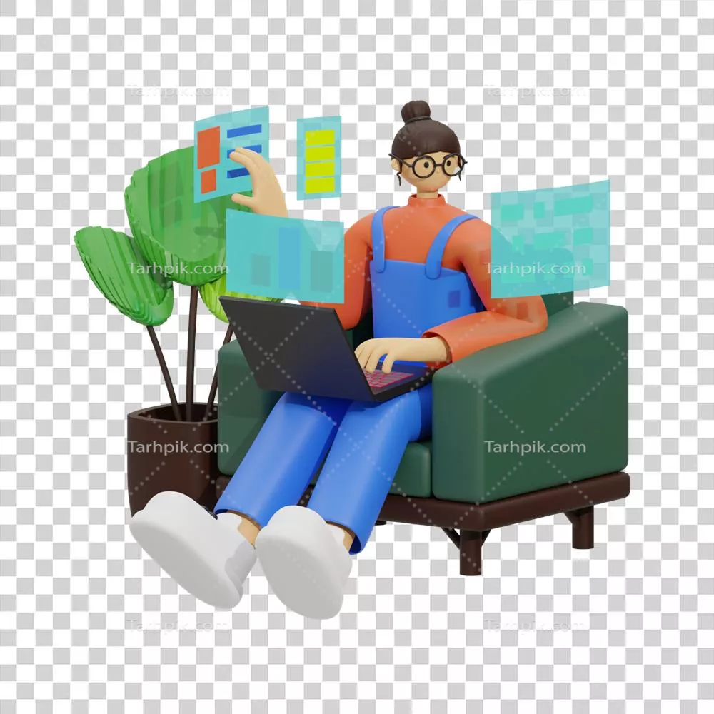 عکس دوربری بهبود بهره وری با استفاده از لپ تاپ روی مبل: تصویرسازی سه بعدی