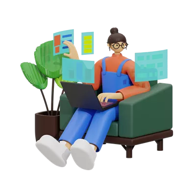 عکس دوربری بهبود بهره وری با استفاده از لپ تاپ روی مبل: تصویرسازی سه بعدی
