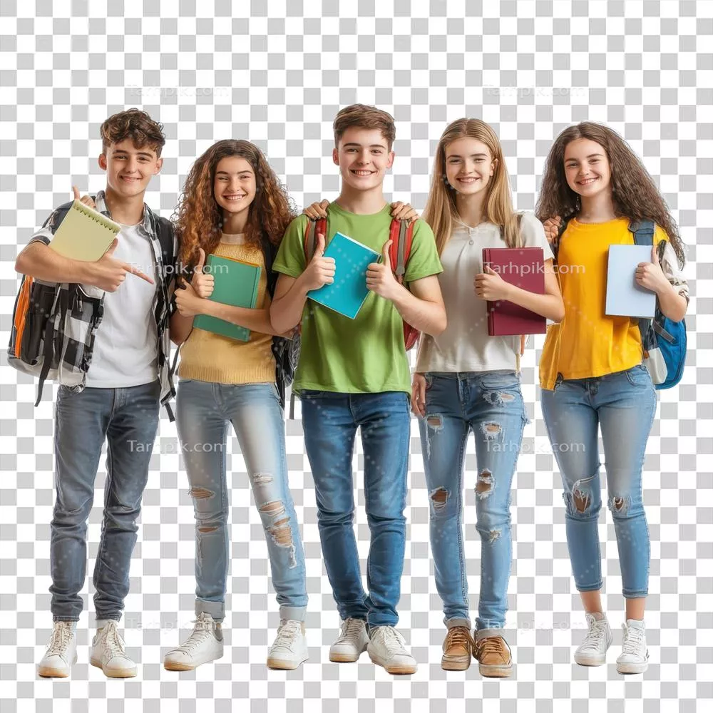 عکس دوربری گروهی از دانش آموزان شاد با کتاب در دست و نشان دادن علامت تایید