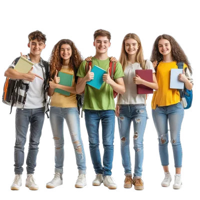 عکس دوربری گروهی از دانش آموزان شاد با کتاب در دست و نشان دادن علامت تایید