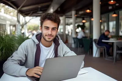 عکس تصویری از یک دانشجوی خوشحال در حال یادگیری آنلاین در کافه