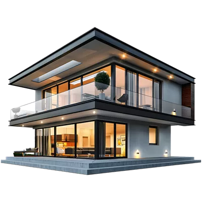 عکس دوربری تصویری سه بعدی از یک خانه واقعی با طراحی هوش مصنوعی بر روی پس زمینه شفاف