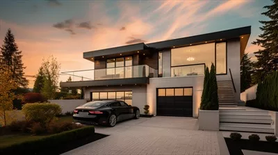 عکس طراحی نمای مدرن و لوکس یک خانه با باغ و آسمان زیبا