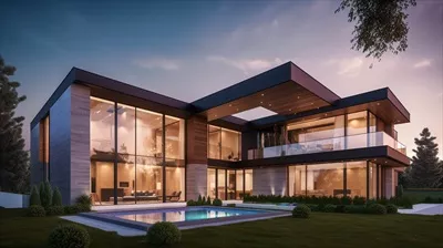 عکس مدل سه بعدی از یک خانه مدرن و دنج با گاراژ برای فروش یا اجاره