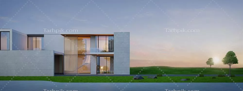 عکس خانه مدرن لوکس با نمایی زیبا در دل طبیعت و غروب آفتاب