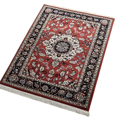 عکس دوربری فرش زیبا با طرح گل های قرمز و سیاه و حاشیه سفید برای دکوراسیون منزل