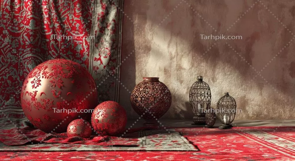 عکس تزئینات مختلف حنا قرمز بر روی فرش قرمز با طراحی هوش مصنوعی