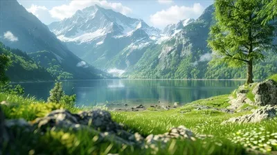 عکس دریاچه کوهستانی آرام با آب های بازتابنده و گل های زیبا