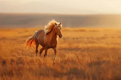 عکس اسب های زیبا در حال دویدن در دشت زیر نور غروب آفتاب