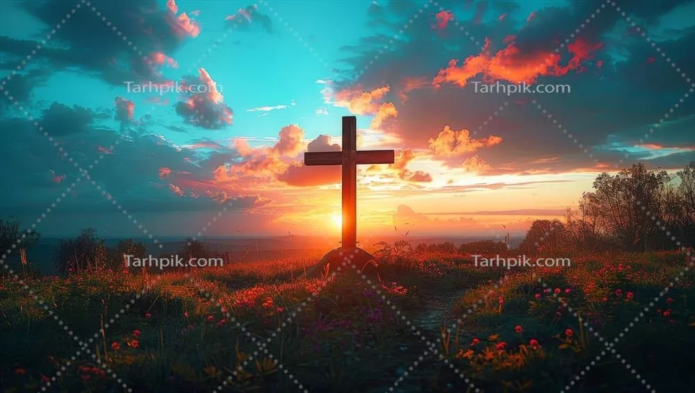عکس تصویری زیبا از صلیب در دشت در هنگام غروب آفتاب