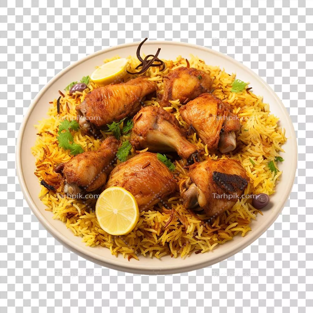 عکس دوربری تصویری زیبا از بشقاب بریانی مرغ با ادویه جات و برنج زعفرانی