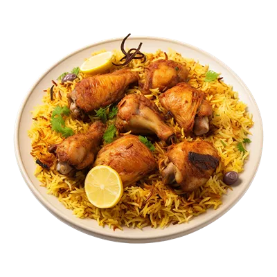 عکس دوربری تصویری زیبا از بشقاب بریانی مرغ با ادویه جات و برنج زعفرانی