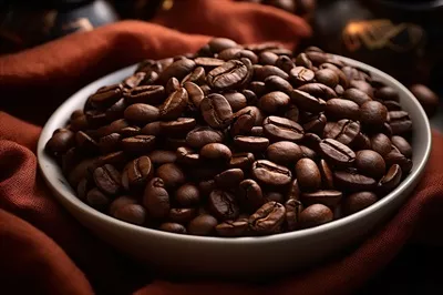 عکس تصویری نزدیک از دانه های قهوه قهوه ای در فنجان با جزئیات زیبا