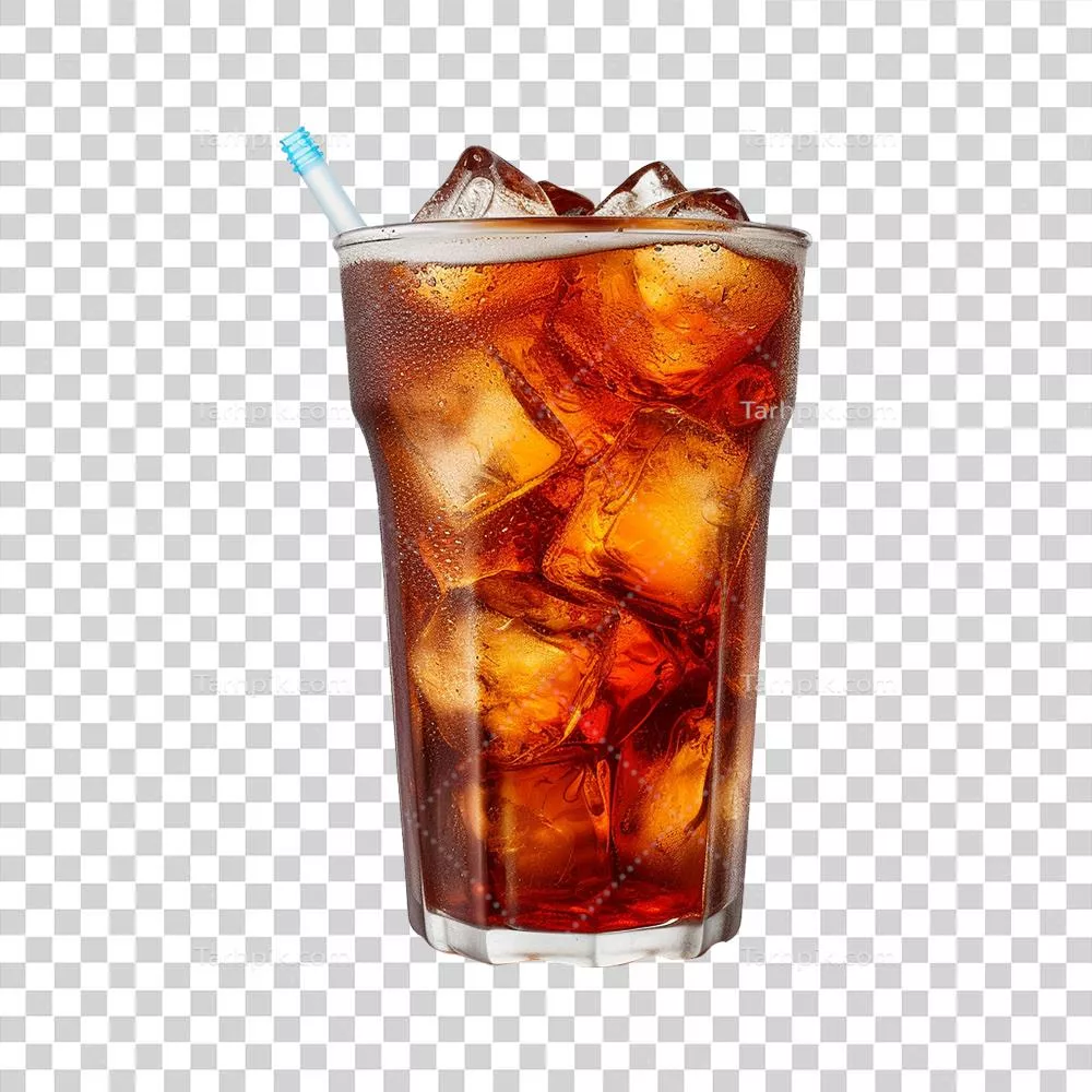 عکس دوربری لیوان شفاف کولا با یخ، طراحی شده با هوش مصنوعی در پس زمینه شفاف