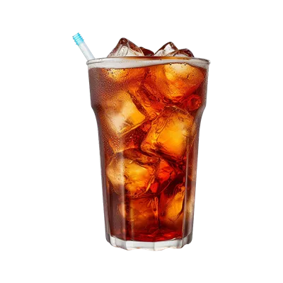 عکس دوربری لیوان شفاف کولا با یخ، طراحی شده با هوش مصنوعی در پس زمینه شفاف