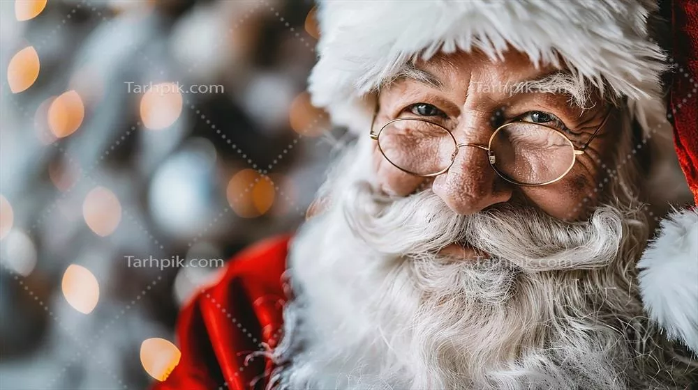 عکس پرتره ای جذاب از بابانوئل با عینک در میان نورهای محو و زیبا