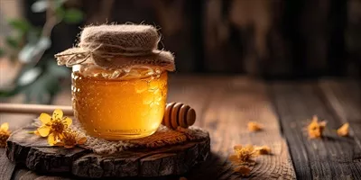 عکس هنری از شیشه عسل با قاشق عسل و گل های طبیعی در طبیعت