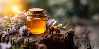 عکس هنری از شیشه عسل با قاشق عسل و گل های اسطوخودوس بر روی میز چوبی