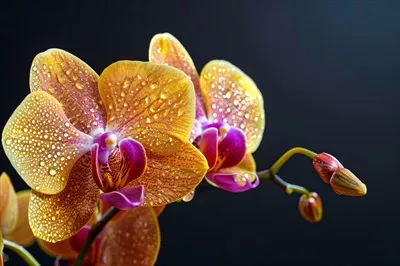 عکس ارکیده های مرطوب با قطرات شبنم در پس زمینه تاریک و زیبا