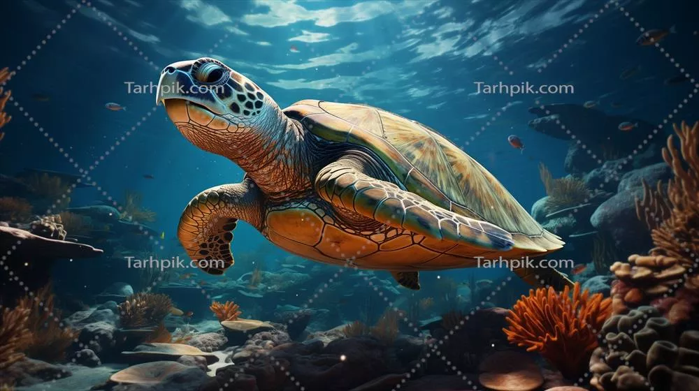 عکس لاک پشت زیبای دریا در حال شنا در میان مرجان های رنگارنگ