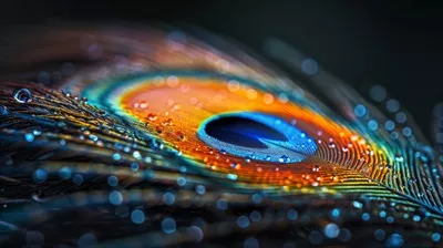 عکس نمایی نزدیک از دم طاووس با قطرات آب درخشان و زیبا