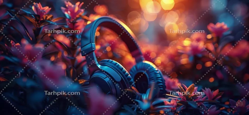 عکس هدفون های هوشمند در یک میدان سبز و سرسبز با طراحی مدرن