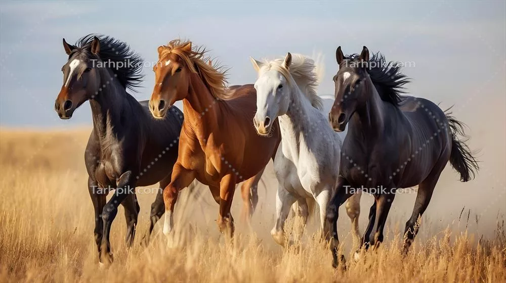 عکس اسب های باشکوه در حال دویدن در دشت طلایی و زیبای روستایی