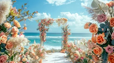 عکس فضای رمانتیک و دلنشین برای برگزاری مراسم عروسی در سواحل زیبا با تزئینات گل دار