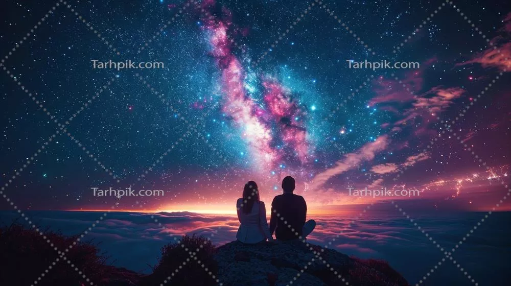 عکس دو نفر در بالای کوه ایستاده و به ستاره ها نگاه می کنند