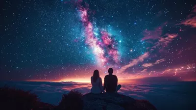 عکس دو نفر در بالای کوه ایستاده و به ستاره ها نگاه می کنند
