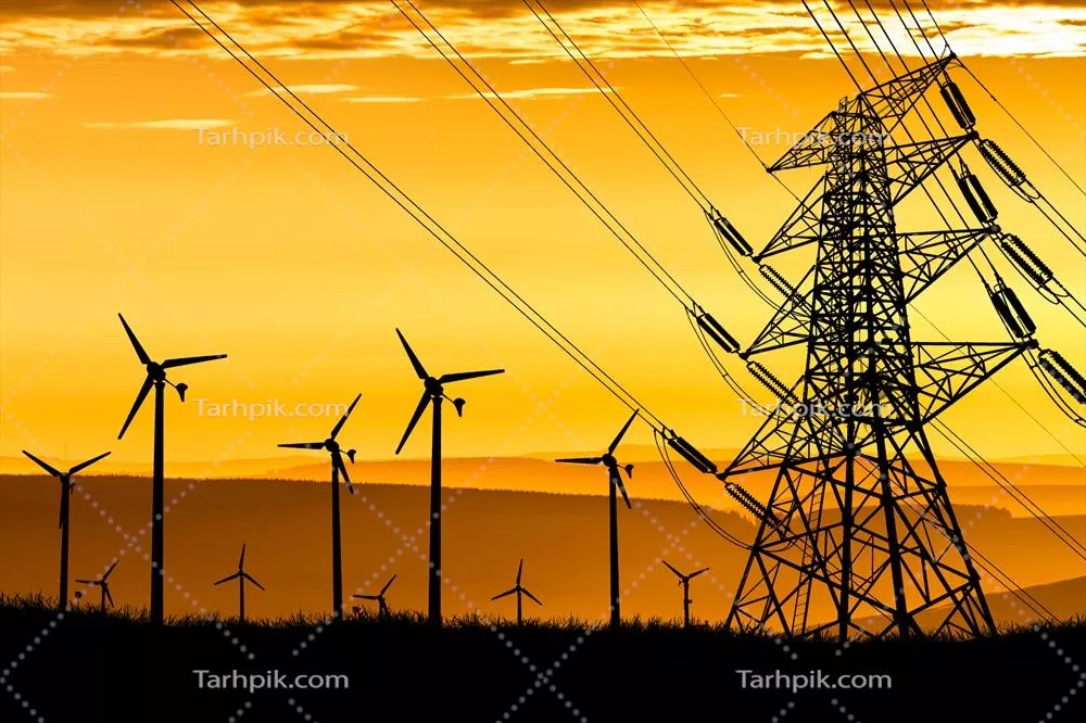 عکس تولید انرژی الکتریکی توسط توربین های بادی در غروب آفتاب