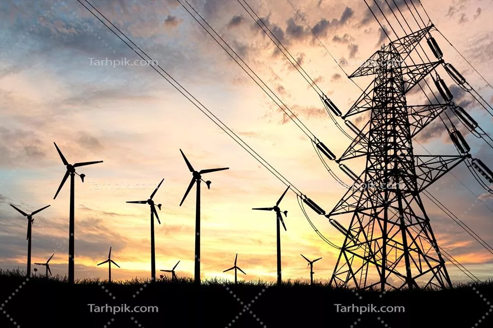 عکس تولید انرژی پاک توسط توربین های بادی در غروب آفتاب