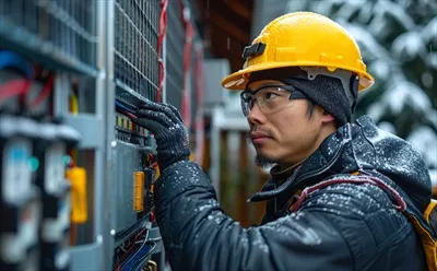 عکس مهندس برق در حال کار بر روی ترانسفورماتور در نیروگاه