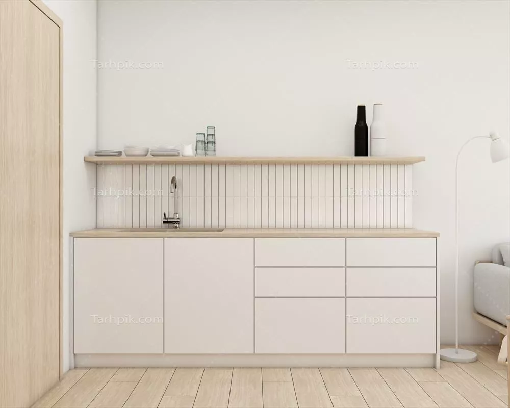 عکس دکوراسیون آشپزخانه به سبک ژاپندی با کابینت های مینیمالیستی و طراحی سه بعدی