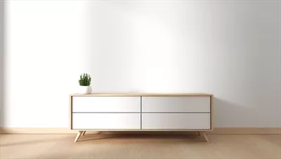 عکس کابینت تلویزیون در یک اتاق مدرن با طراحی مینیمالیستی و سبک زِن ژاپنی