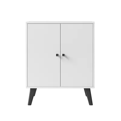 عکس دوربری کابینت دو در مدرن و سفید با پایه های مشکی، انتخابی شیک برای دکوراسیون منزل و دفتر کار