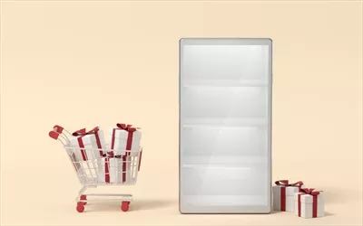 عکس مدل سه بعدی خلاقانه از گوشی موبایل در قفسه فروشگاهی