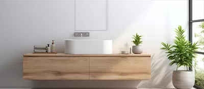 عکس حمام مدرن با کابینت سینک چوبی و کف پارکت با نمای شهری