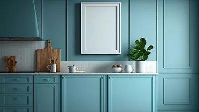 عکس ترکیب سه بعدی از دکوراسیون داخلی آشپزخانه با وسایل و گیاه